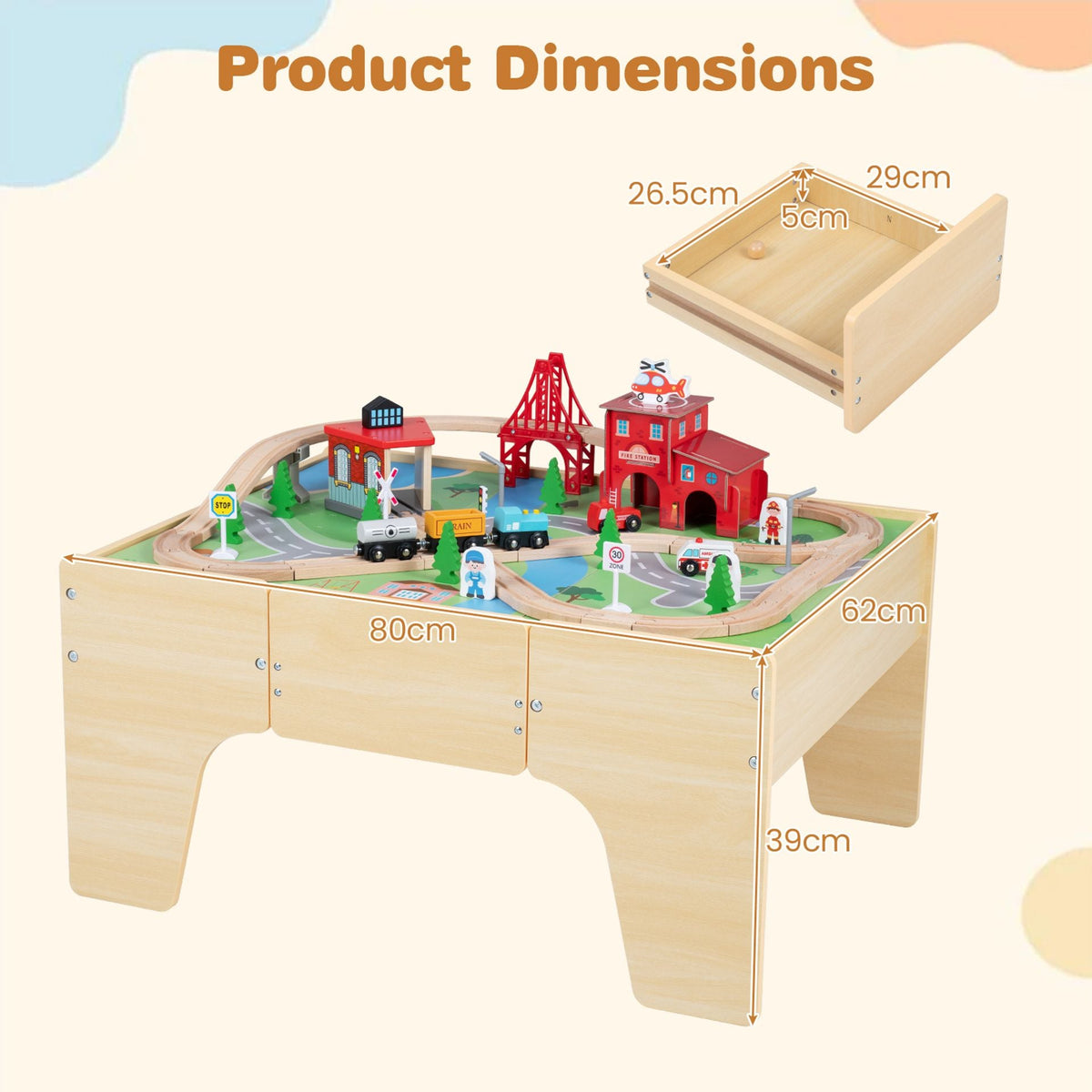 63-Piece Kids Train Table with Storage Drawer Reversible Tabletop and Train Tracks-Natural