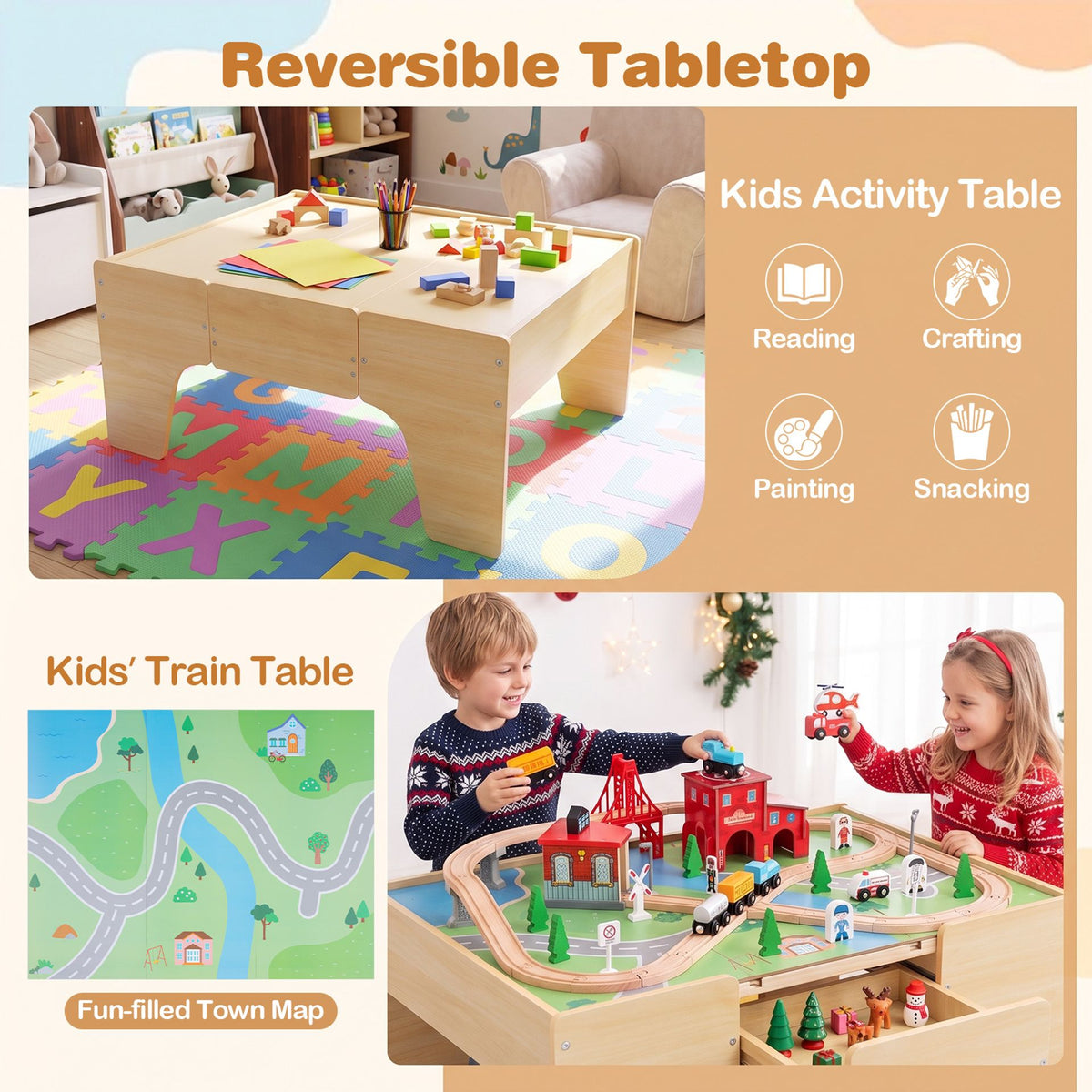 63-Piece Kids Train Table with Storage Drawer Reversible Tabletop and Train Tracks-Natural
