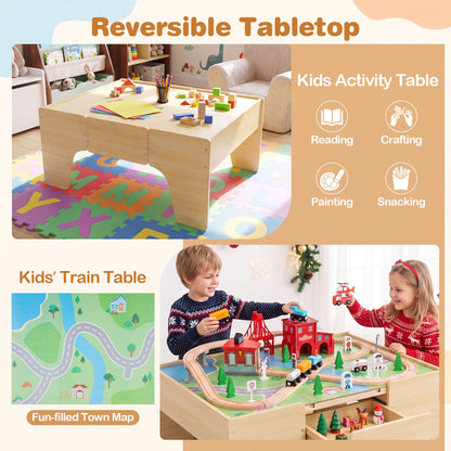 63-Piece Kids Train Table with Storage Drawer Reversible Tabletop and Train Tracks-Natural