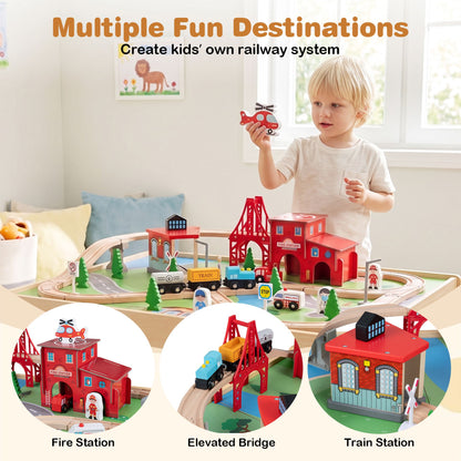 63-Piece Kids Train Table with Storage Drawer Reversible Tabletop and Train Tracks-Natural