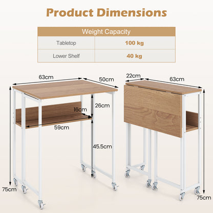 63 cm Small Folding Desk with Smooth Rolling Wheels and Storage Shelf for Home Office-Natural