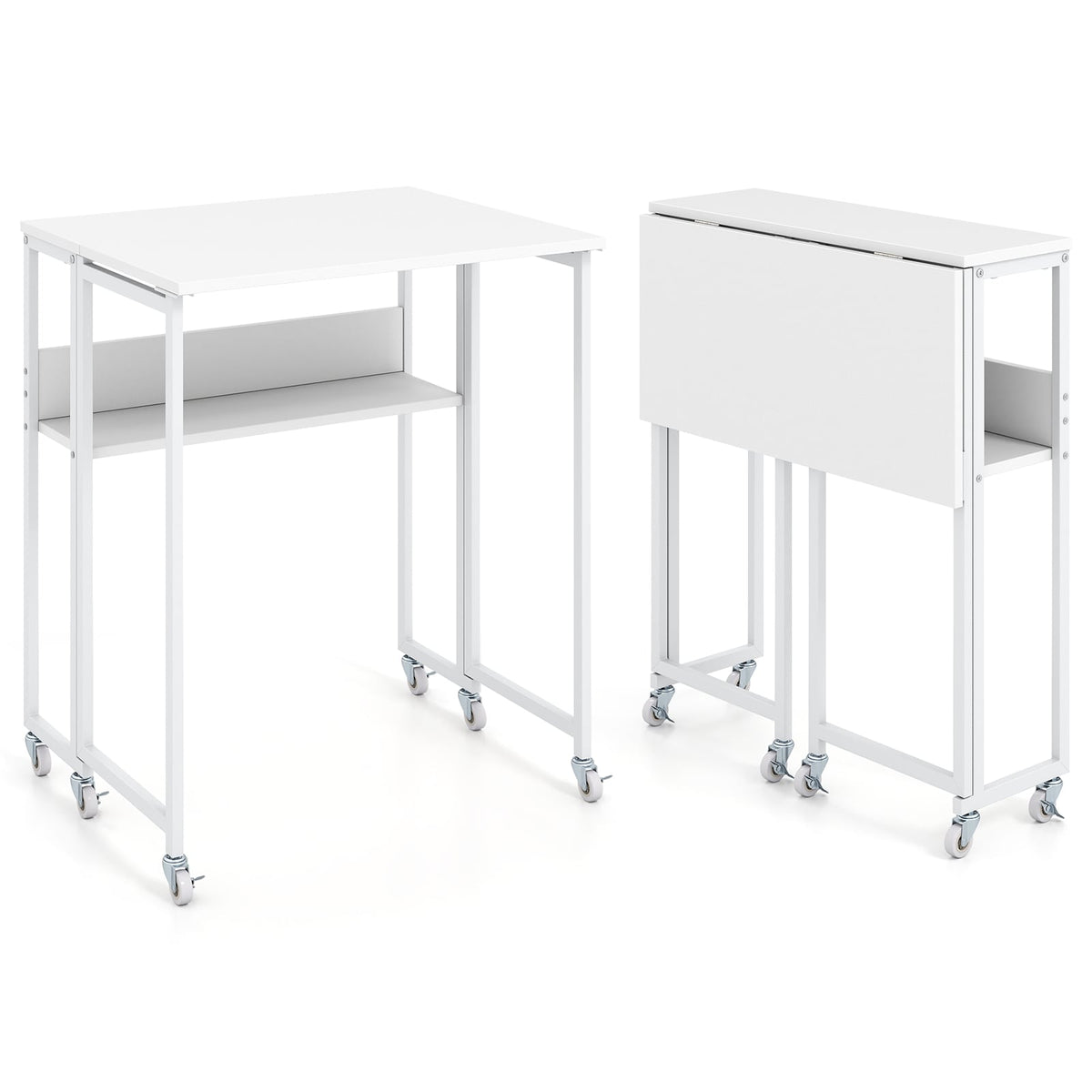 63 cm Small Folding Desk with Smooth Rolling Wheels and Storage Shelf for Home Office-White