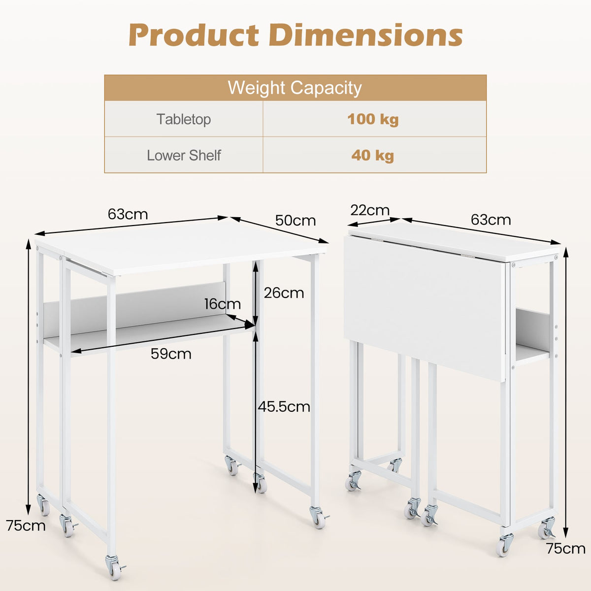 63 cm Small Folding Desk with Smooth Rolling Wheels and Storage Shelf for Home Office-White
