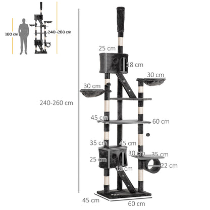 PawHut Floor to Ceiling Cat Tree for Indoor Cats 240-260cm Adjustable Height Dark Grey