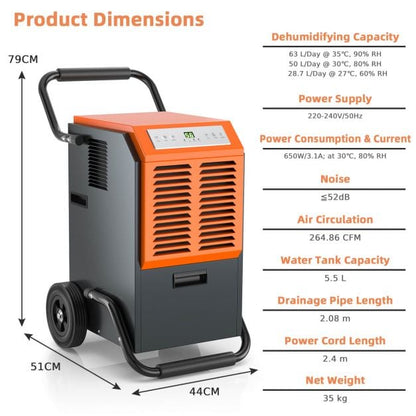 63L Commercial Dehumidifier with 24H Timer and Auto Defrost-Grey