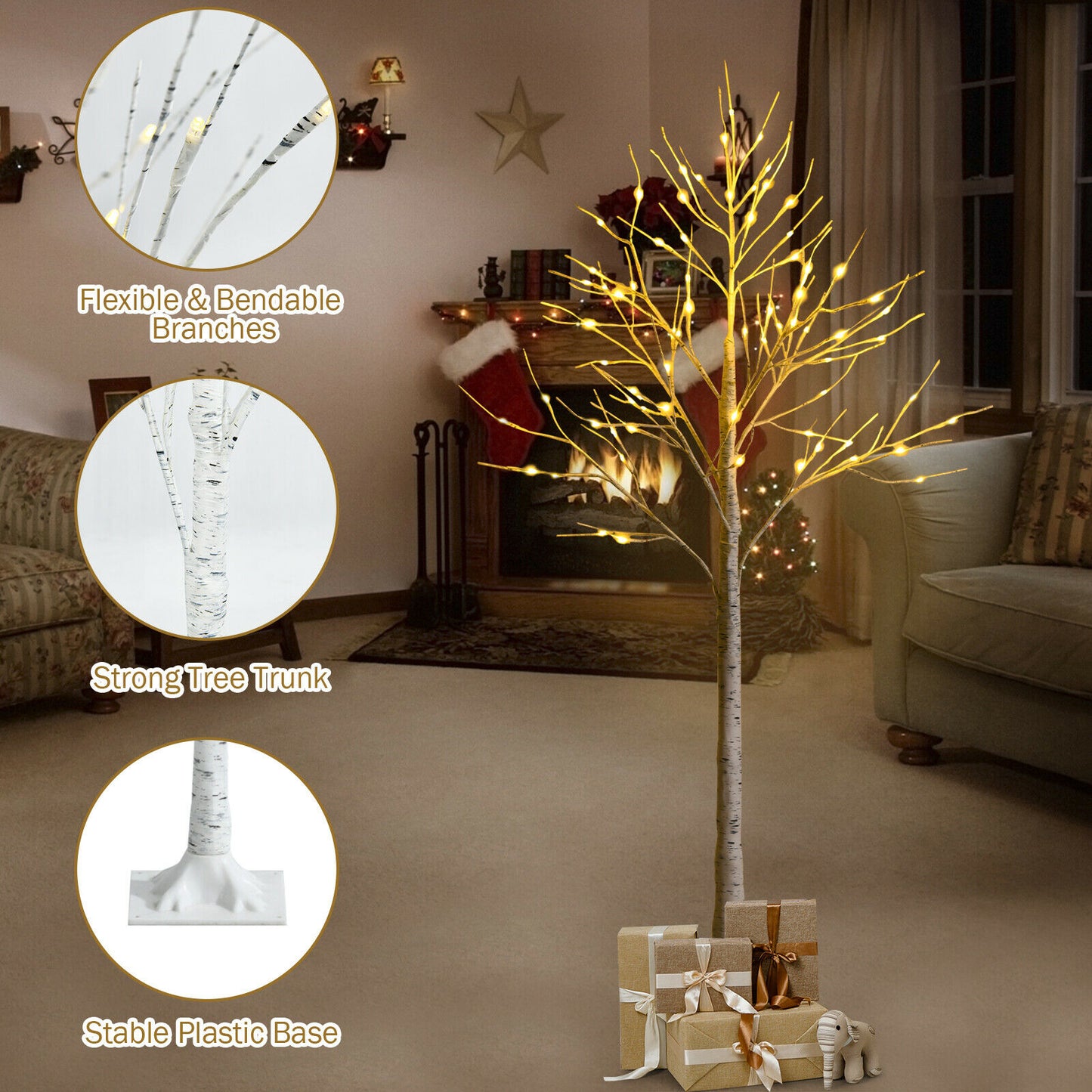 Silver Christmas Twig Tree with Warm White LED Lights for Indoor Decoration