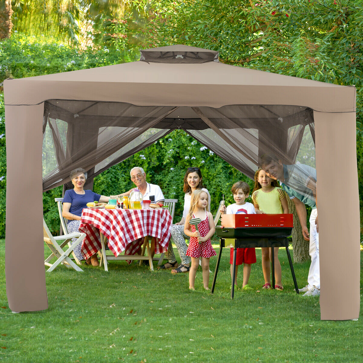 3m x 3m Gazebo Tent with Steel Frame and Double Tiered Canopy Brown