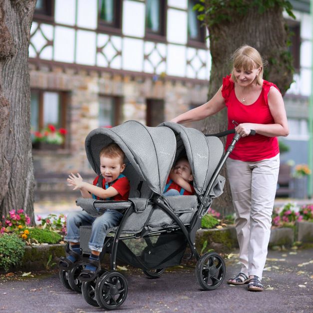 Double Pushchair with Adjustable Backrest and Sunshade-Grey