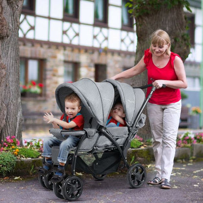 Double Pushchair with Adjustable Backrest and Sunshade-Grey
