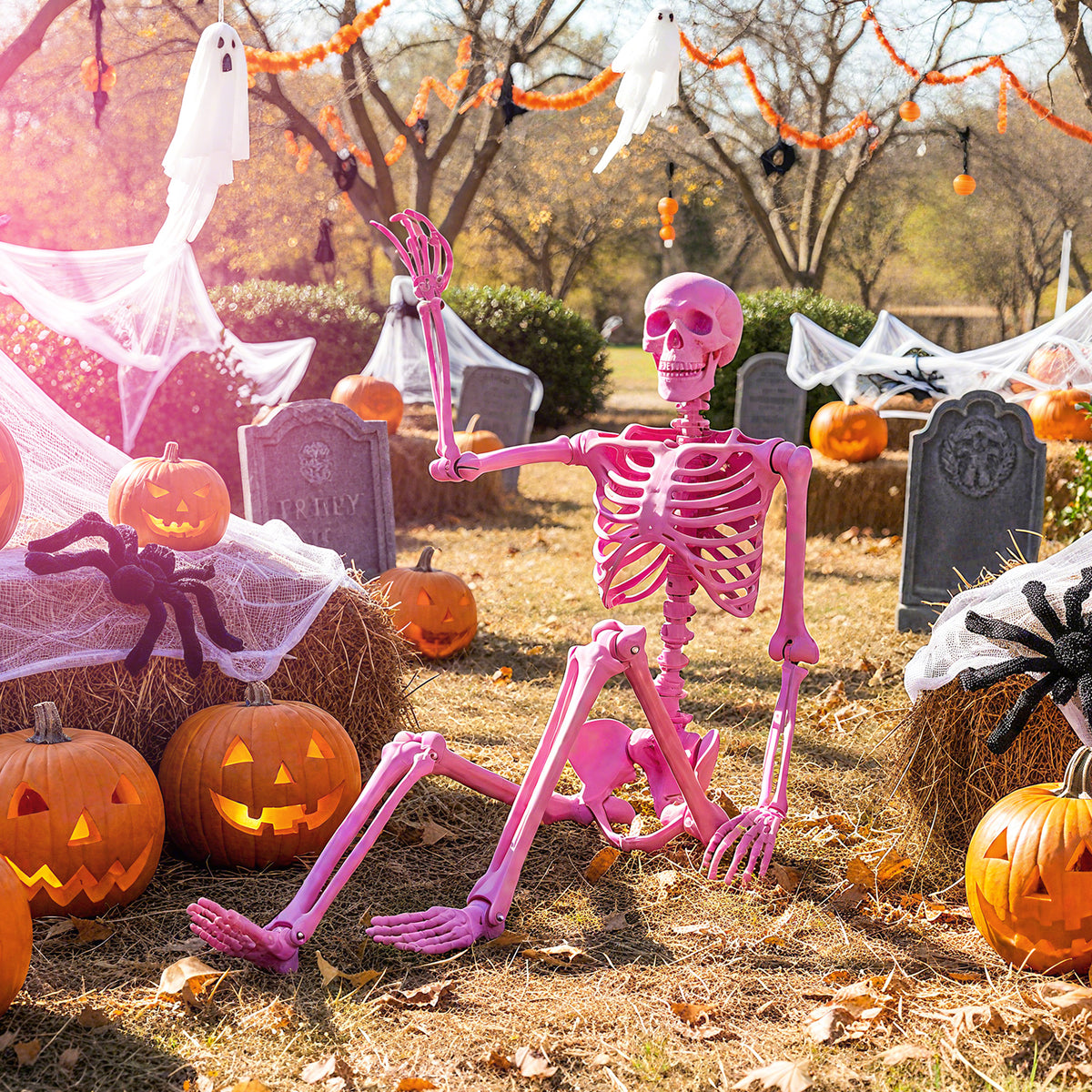 63 inch Halloween Pink Skeleton Decoration with 8 Moving Joints