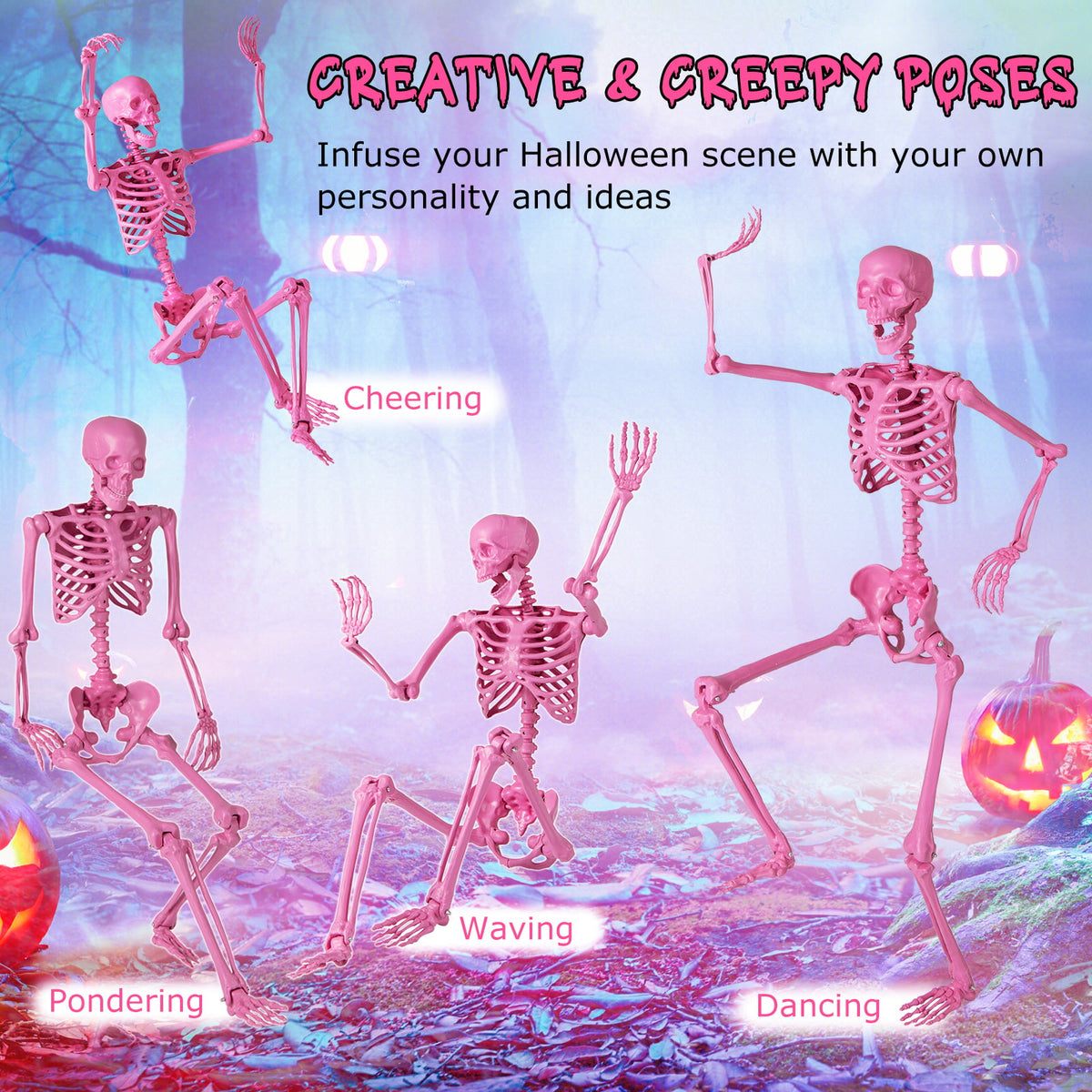 63 inch Halloween Pink Skeleton Decoration with 8 Moving Joints