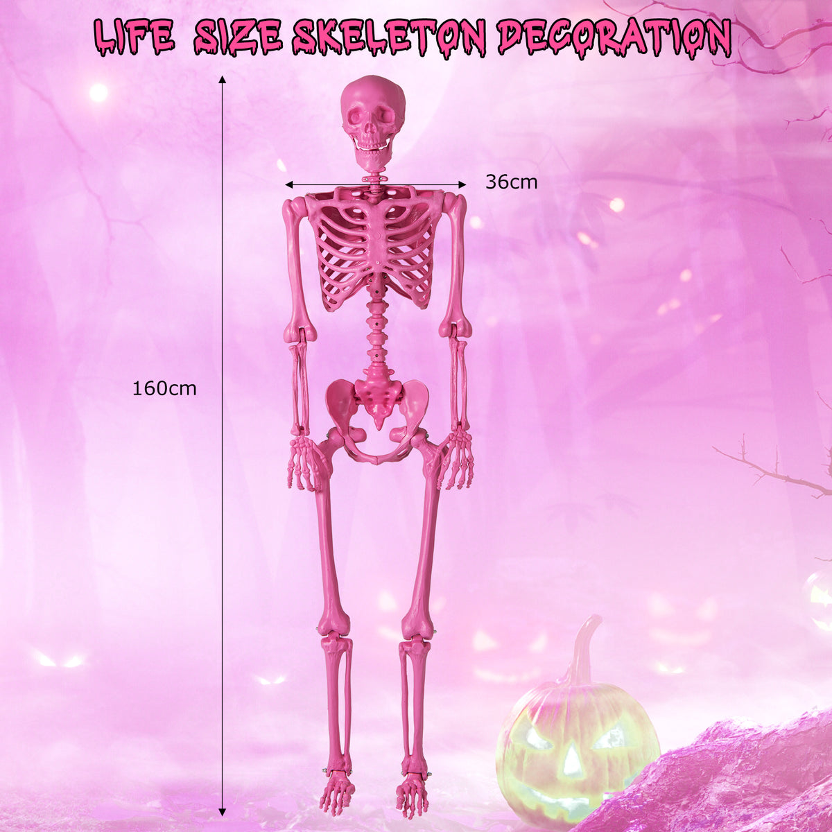 63 inch Halloween Pink Skeleton Decoration with 8 Moving Joints