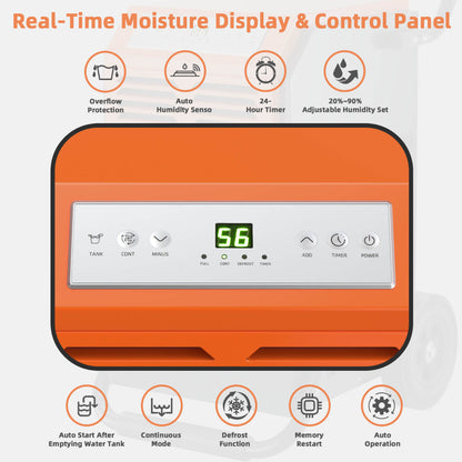 63L Efficient Commercial Dehumidifier with 264.86 CFM air flow 24H Timer and Auto Defrost