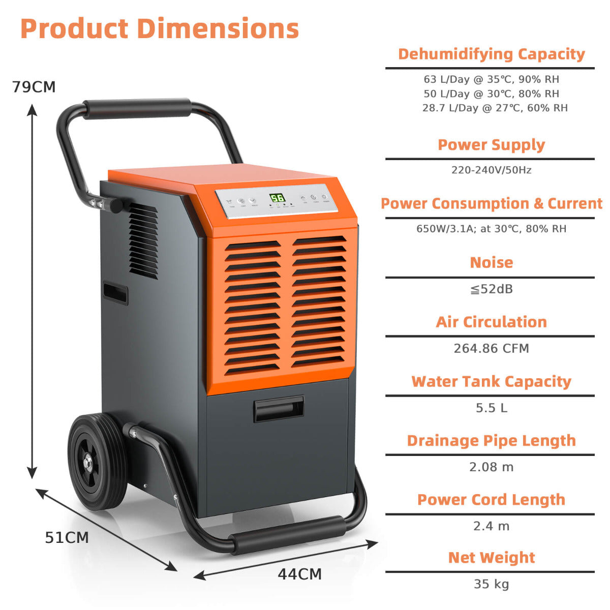 63L Efficient Commercial Dehumidifier with 264.86 CFM air flow 24H Timer and Auto Defrost