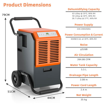 63L Efficient Commercial Dehumidifier with 264.86 CFM air flow 24H Timer and Auto Defrost