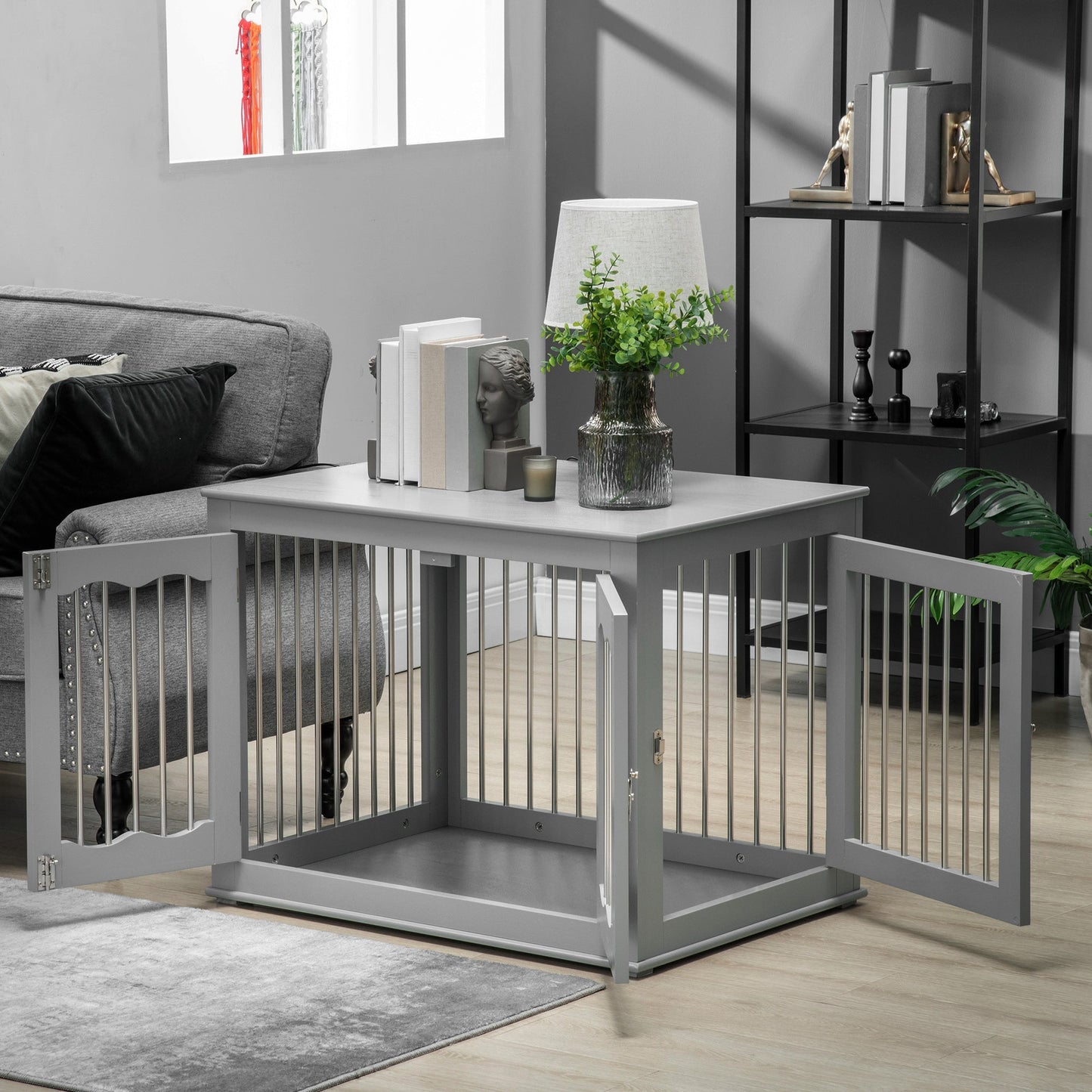 PawHut Dog Crate End Table with Three Doors, Furniture Style Dog Crate for Medium Dogs with Locks & Latches, Grey