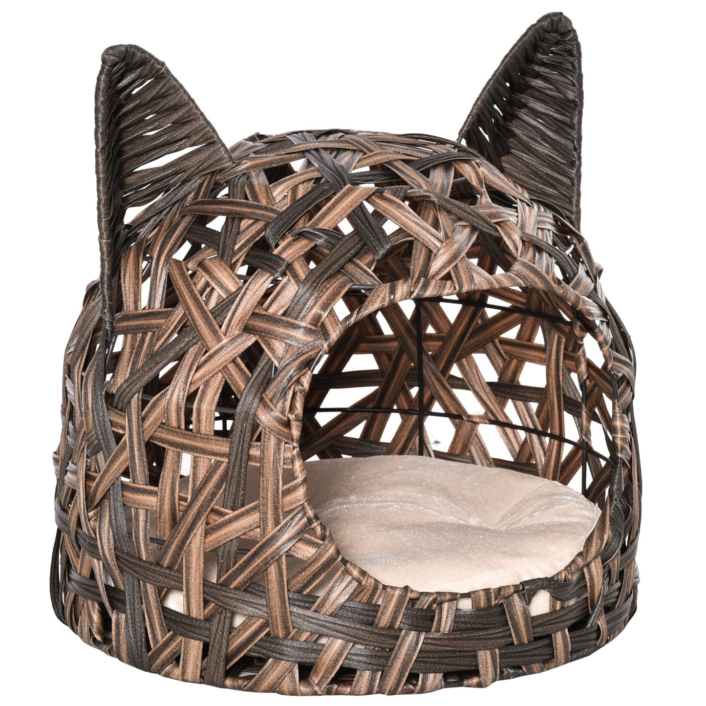 PawHut Wicker Cat Bed Rattan Kitten Basket Pet Den. House with Soft Cushion Brown