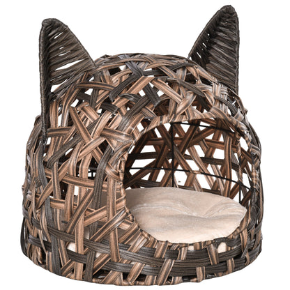 PawHut Wicker Cat Bed Rattan Kitten Basket Pet Den. House with Soft Cushion Brown