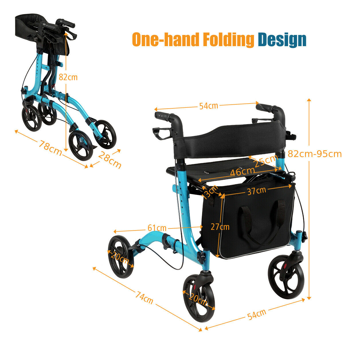 Folding Aluminium Rollator Walker Mobility Aid With 4 Wheels-Blue
