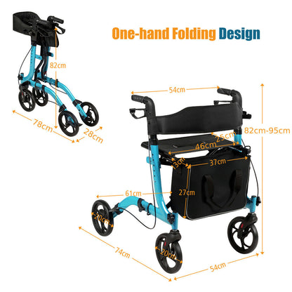 Folding Aluminium Rollator Walker Mobility Aid With 4 Wheels-Blue