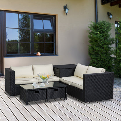 Outsunny 4-Seater Rattan Garden Furniture Patio Sofa Storage & Table Set w/ Coffee Table & Corner Sofa - Black