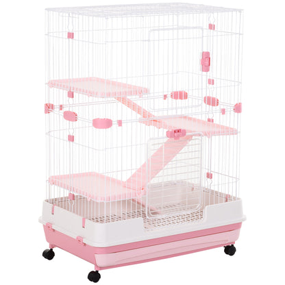 PawHut Four-Tier Small Animal Cage, for Bunnies, Ferrets, Chinchillas w/ Wheels, Tray - Pink