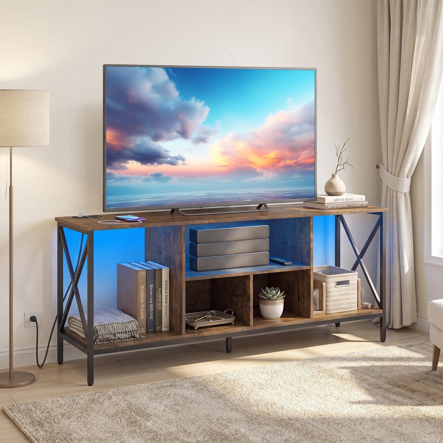 65 Inch TV Stand with LED Lights & Open Storage Shelves for Living Room Bedroom-Rustic Brown