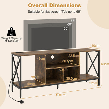 65 Inch TV Stand with LED Lights & Open Storage Shelves for Living Room Bedroom-Rustic Brown