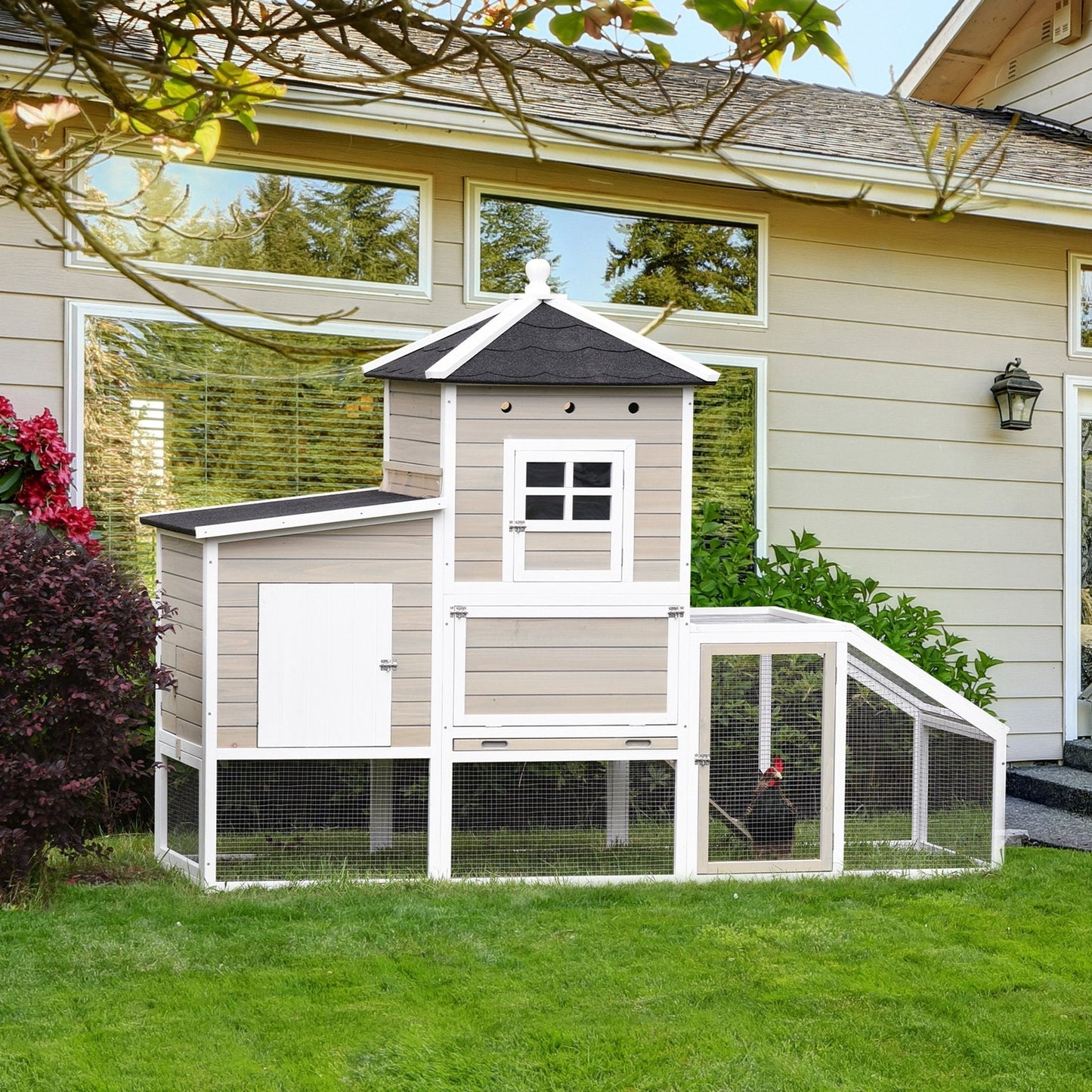 PawHut Wooden Chicken Coop Outdoor Hen House with Removable Tray Separate Nesting Box