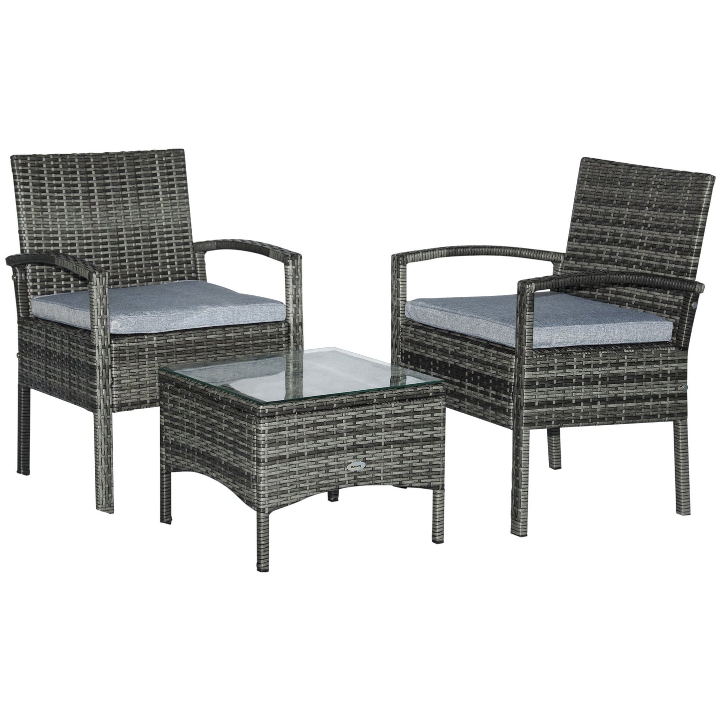 Outsunny 2 Seater Rattan Bistro Set Outdoor Wicker Sofa Chair Coffee Table Set Garden Patio Furniture w/ Cushion - Grey