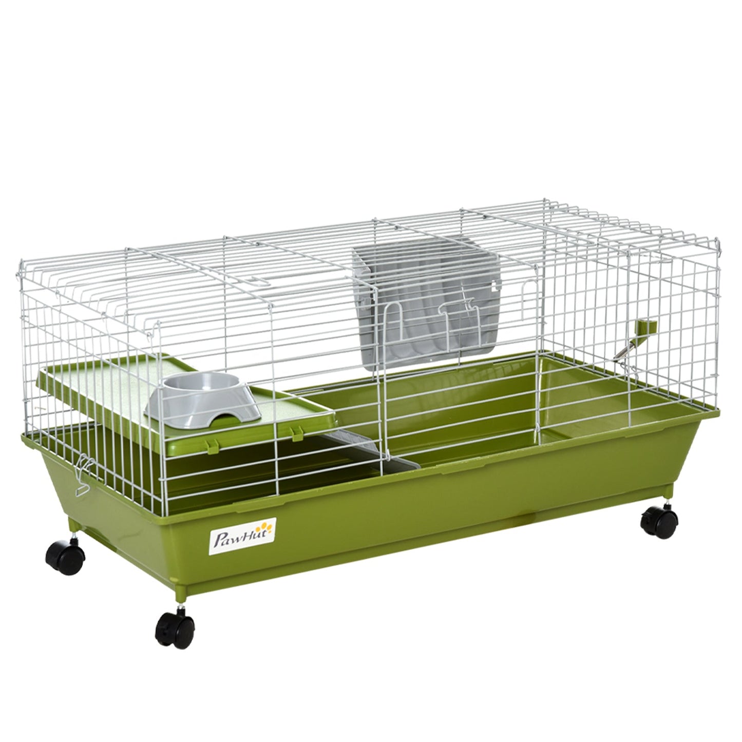 PawHut Small Animal Cage Rabbit Guinea Pigs Chinchillas Cage w/ Wheels Water Bottle Food Dish Platform Ramp 89 x 44 x 43 cm Green