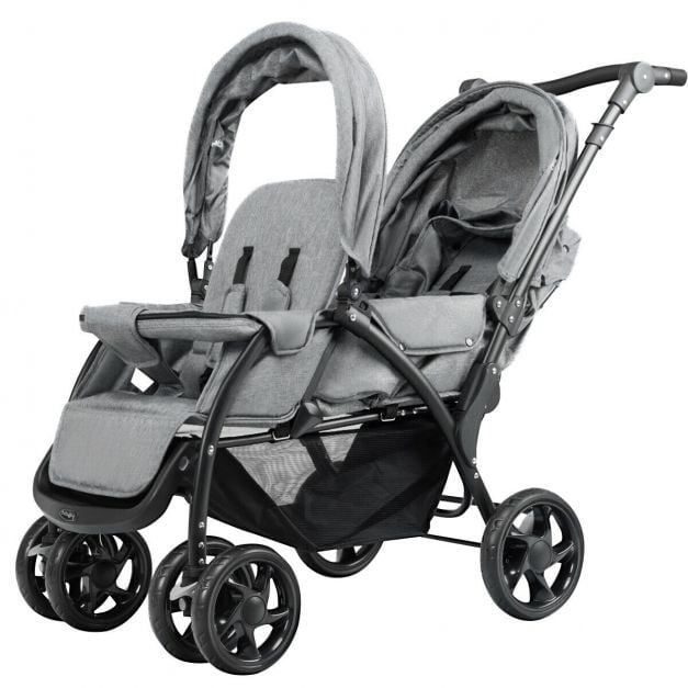 Double Pushchair with Adjustable Backrest and Sunshade-Grey