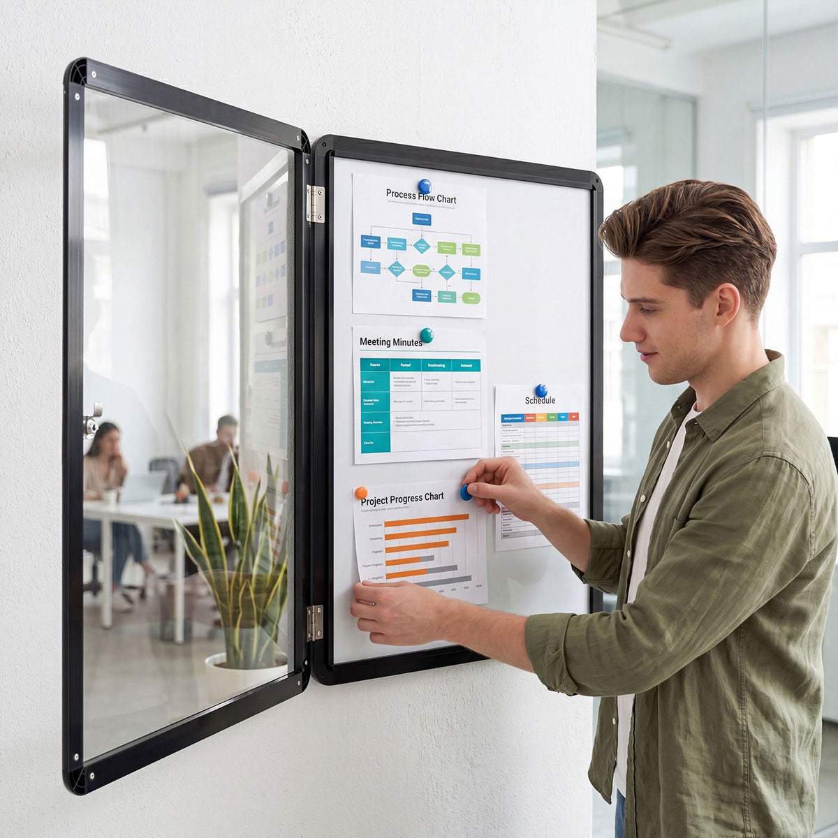 66 x 51 cm Enclosed Bulletin Board with Locking Door and Aluminum Alloy Frame-Black