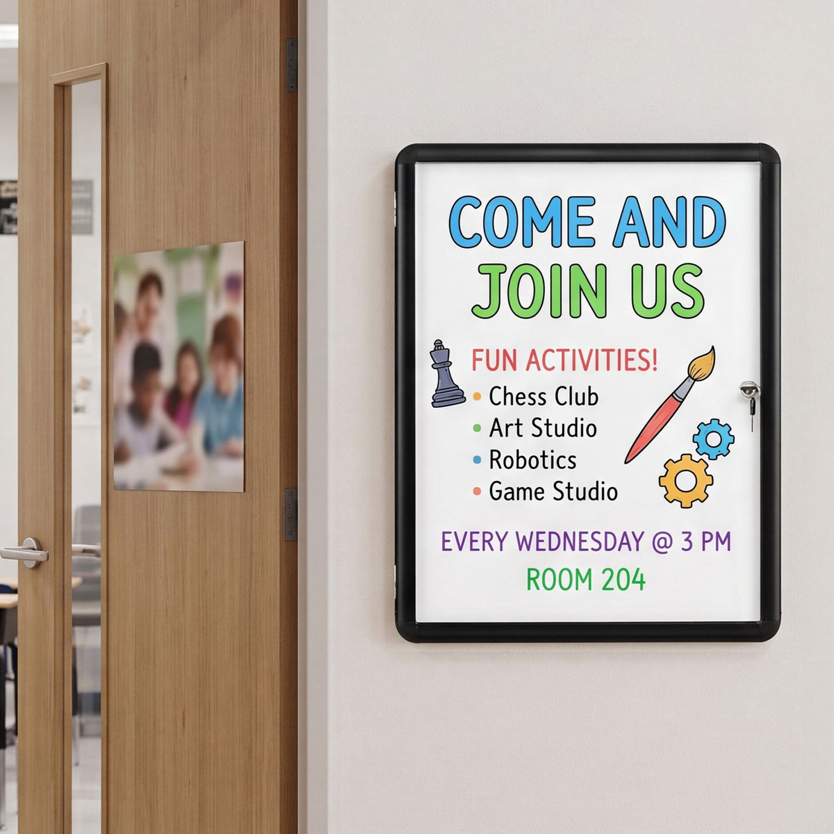 66 x 51 cm Enclosed Bulletin Board with Locking Door and Aluminum Alloy Frame-Black