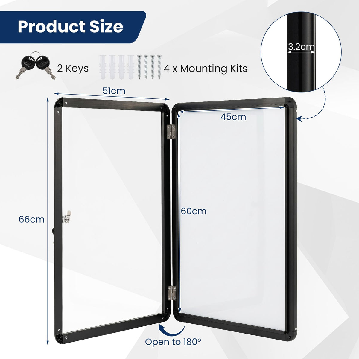 66 x 51 cm Enclosed Bulletin Board with Locking Door and Aluminum Alloy Frame-Black
