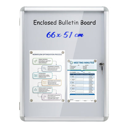 66 x 51 cm Enclosed Bulletin Board with Locking Door and Aluminum Alloy Frame-Silver