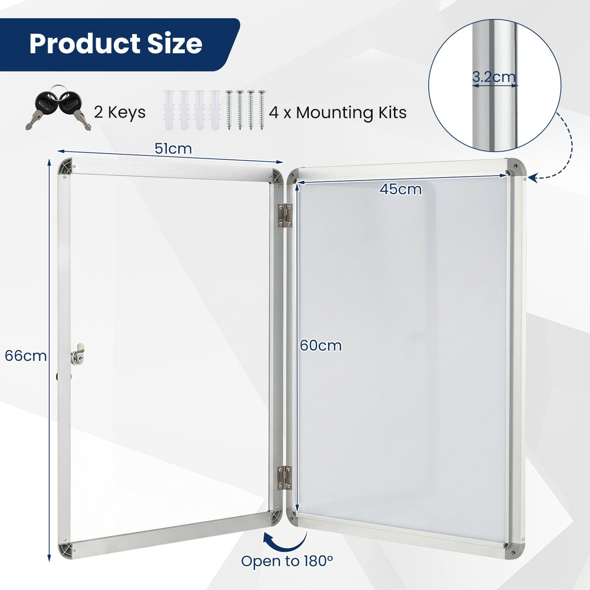 66 x 51 cm Enclosed Bulletin Board with Locking Door and Aluminum Alloy Frame-Silver