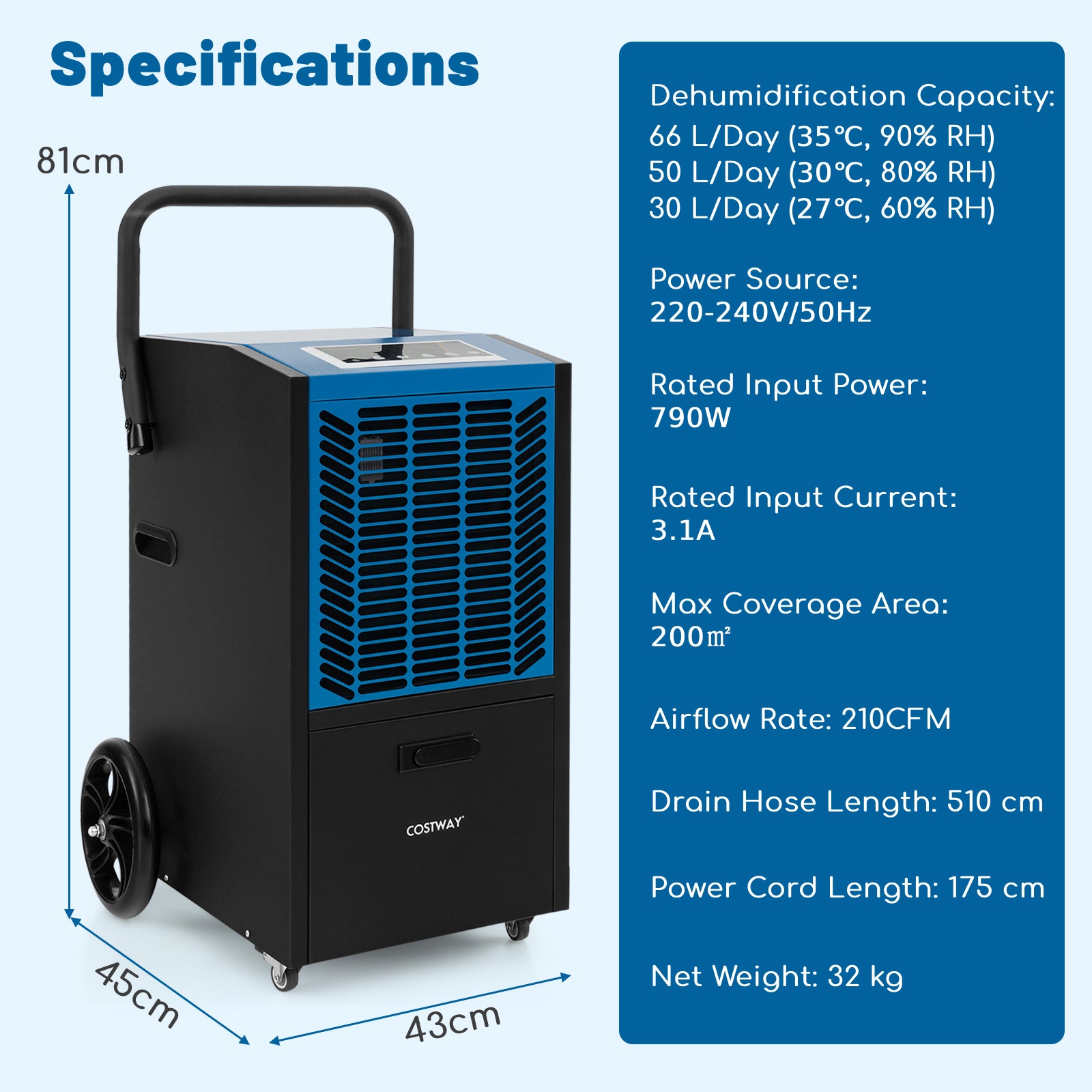 66L/Day Commercial Dehumidifier with ​​Built In Pump and 5m Drain Lift​