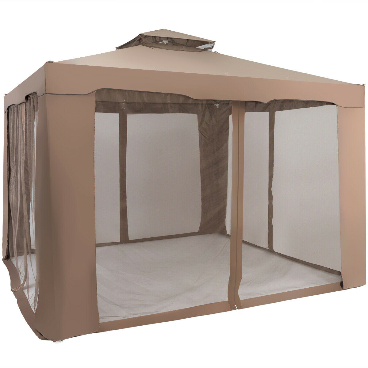 3m x 3m Gazebo Tent with Steel Frame and Double Tiered Canopy Brown