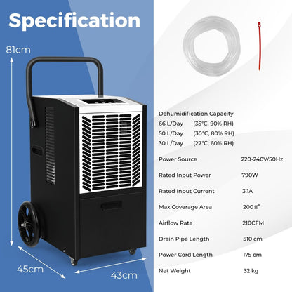 66 L/Day Commercial Dehumidifier with Pump and Drain Hose for Basement Warehouse Job Site-White