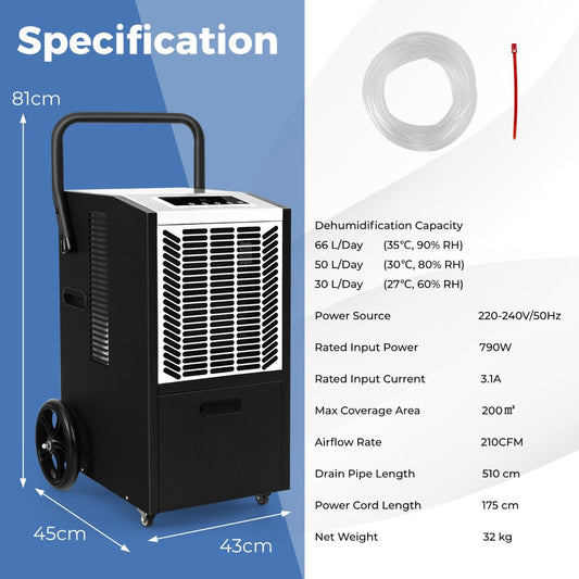 66 L/Day Commercial Dehumidifier with Pump and Drain Hose for Basement Warehouse Job Site-White