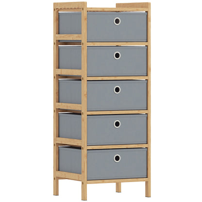 HOMCOM Chest of Drawers, 5 Fabric Drawers Narrow Dresser with Bamboo Frame, Light Grey