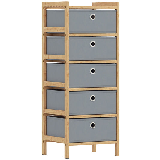 HOMCOM Chest of Drawers, 5 Fabric Drawers Narrow Dresser with Bamboo Frame, Light Grey