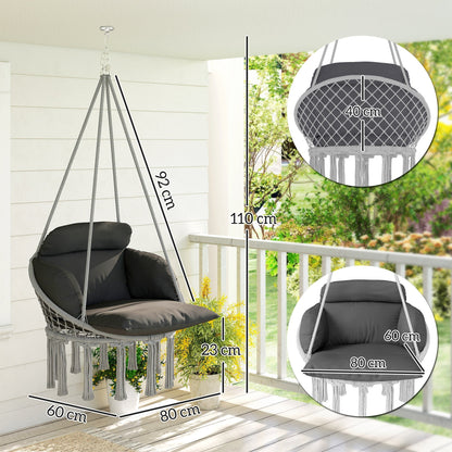Outsunny Hanging Chair Outdoor Hammock Chair with Soft Cushion, Cotton Rope Boho Style Swing Chair, Hanging Garden Swing Seat for Indoor Outdoor, Dark Grey