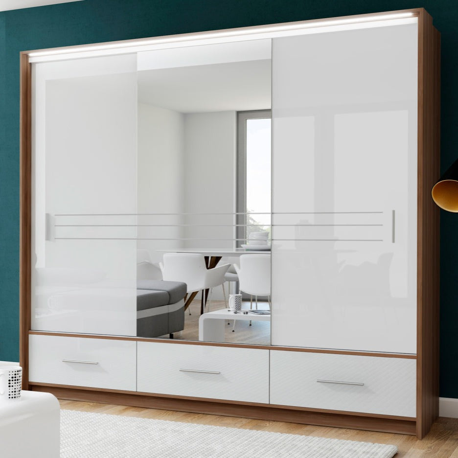 Wiltshire 250cm Large Sliding Door Wardrobe with Mirror Walnut with 3 Drawers - Black Gloss and White Gloss