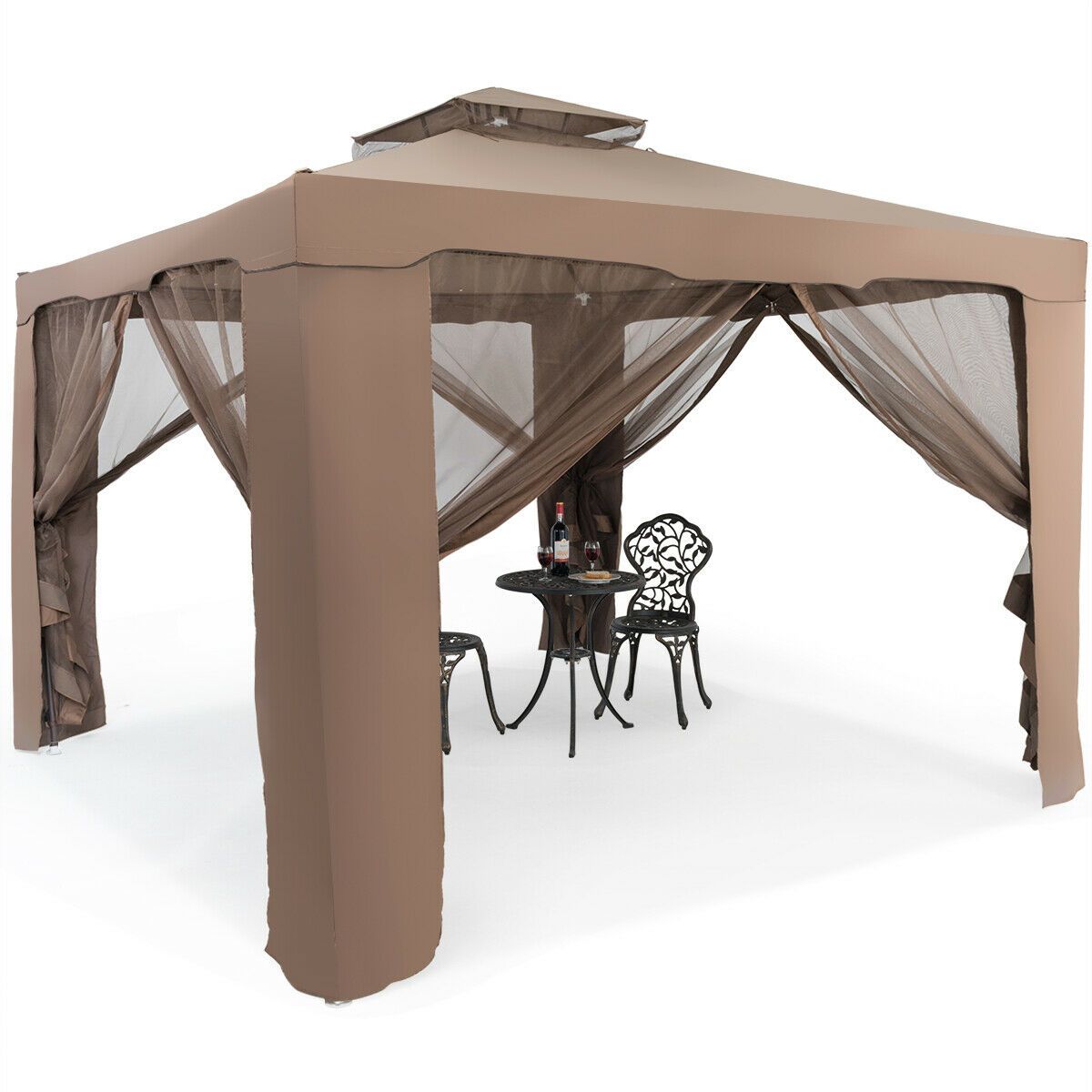 3m x 3m Gazebo Tent with Steel Frame and Double Tiered Canopy Brown