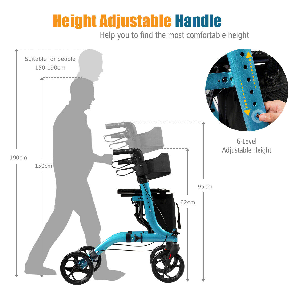Folding Aluminium Rollator Walker Mobility Aid With 4 Wheels-Blue