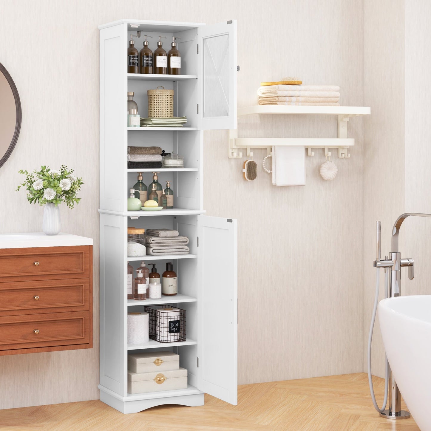 67 Inch Floor Storage Bathroom Cabinet with 5 Adjustable Shelves-White