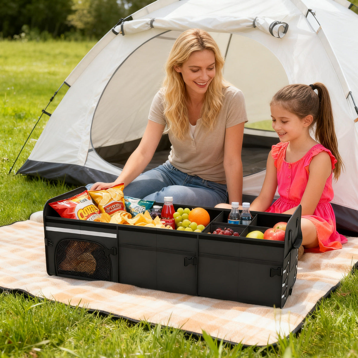 67 L Car Trunk Organizer with Lid 3-Compartment Portable Storage Box-Black