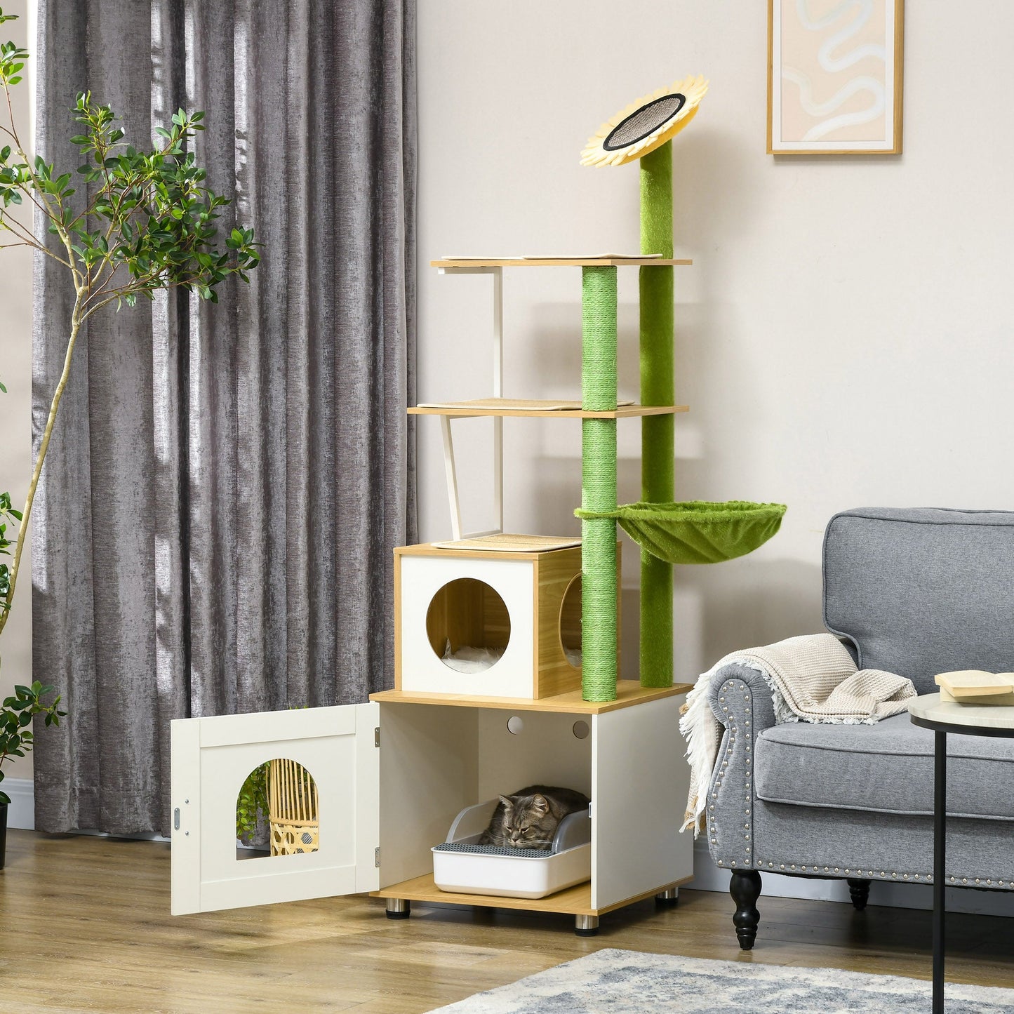 PawHut Cat Tree with Cat Litter Box for Indoor Cats, with Scratching Post, Cat House, Hammock - Oak Tone